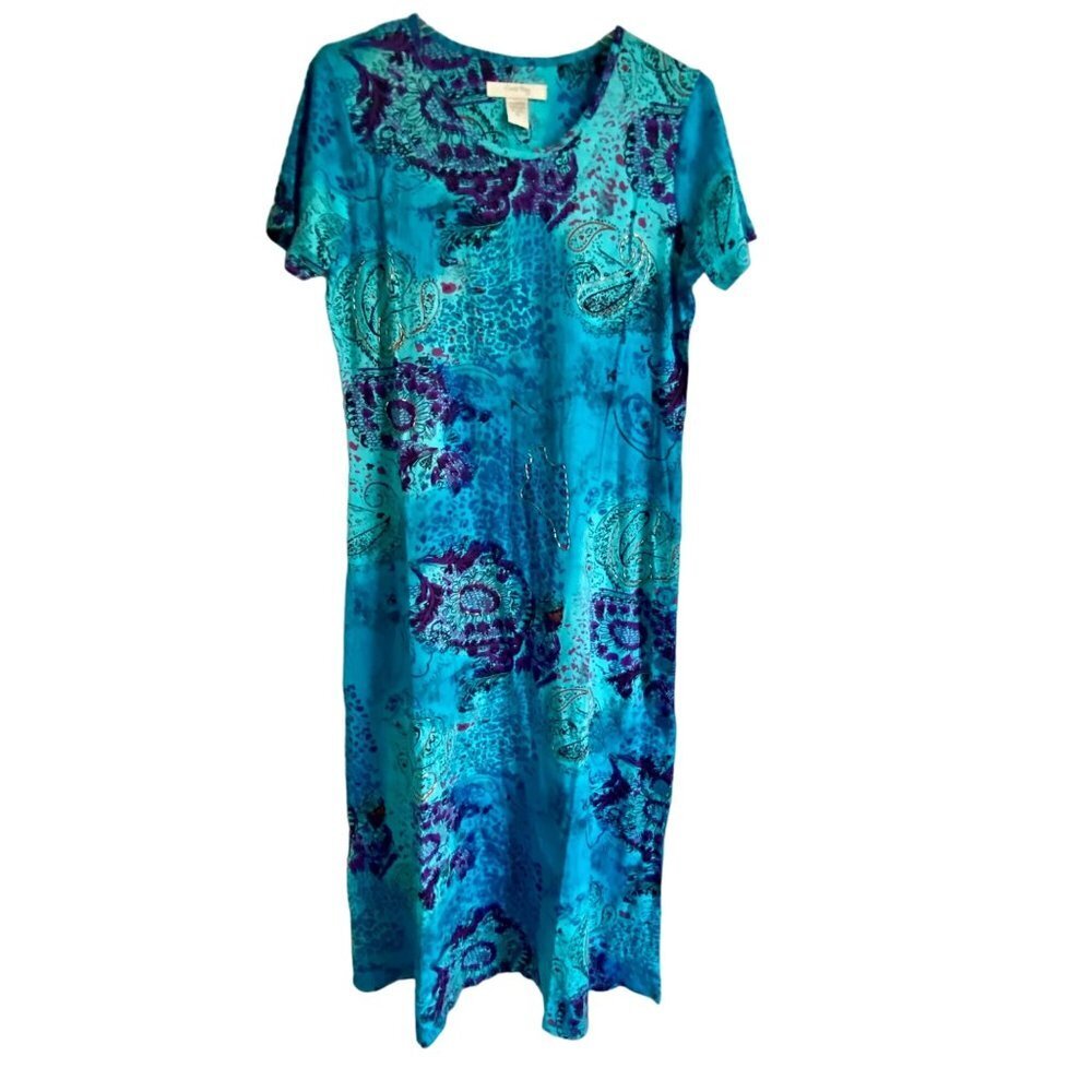 Coral Bay Short Sleeve Blue Purple Pullover Maxi Dress Small NEW